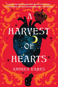 Book cover of 'A Harvest of Hearts' with a heart design and decorative elements on a red background.